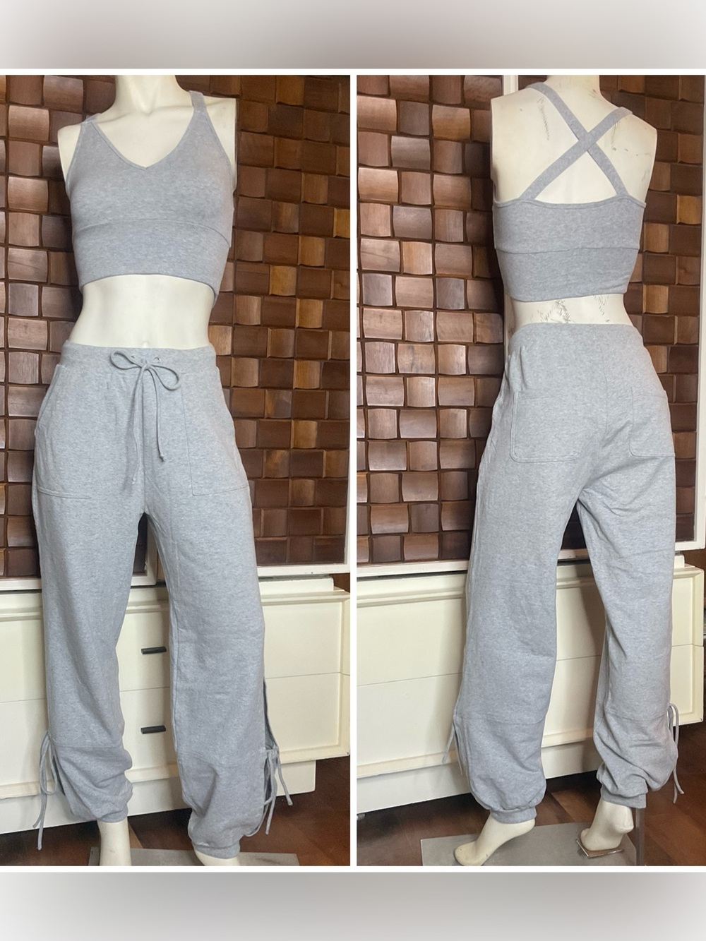 Labijou Heather Grey Sports Bra Tie Leg Sporty Harajuku Y2K Joggers Sweatpants